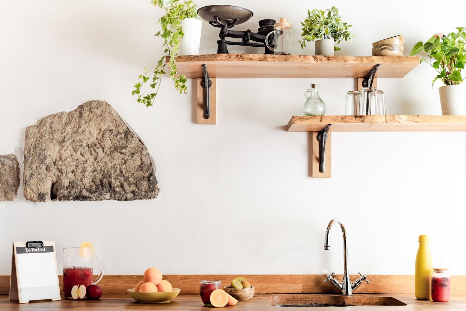 rustic kitchen countertops with farmhouse shelves and fruit on counter, beautiful interior photography