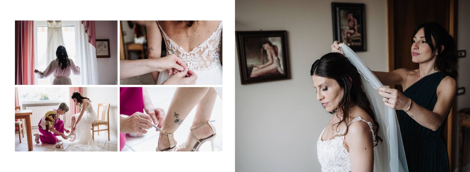 Bridal preparation collage showing bride in wedding dress, heels, veil, and details of getting ready with bridesmaid.