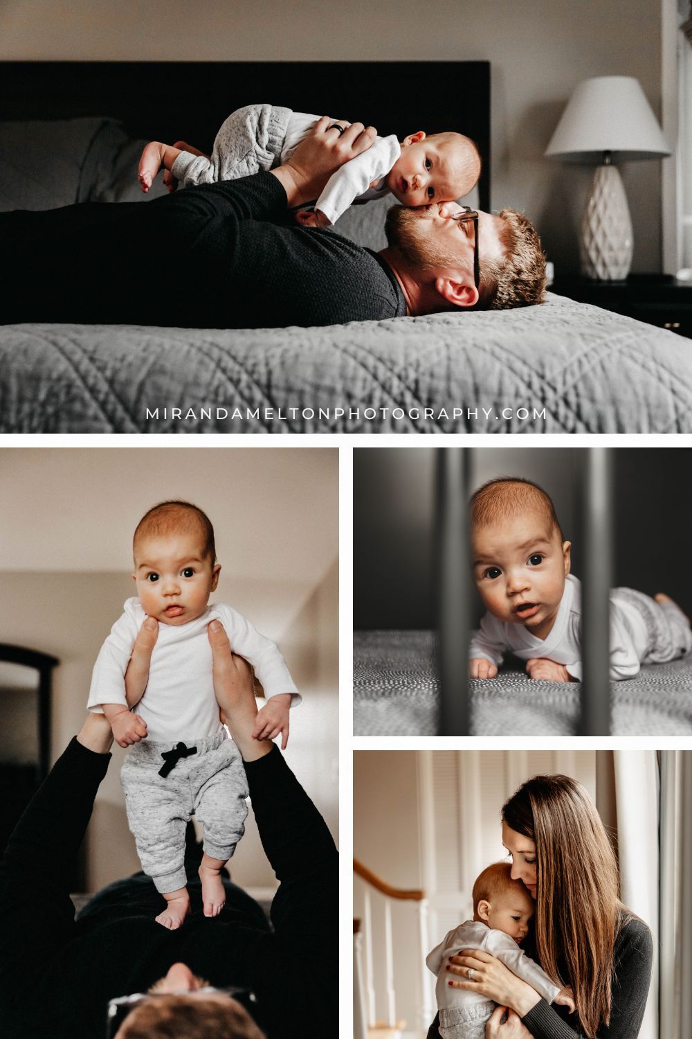 Collage of four photos from an in-home lifestyle photography milestone session with a 3 month-old baby boy