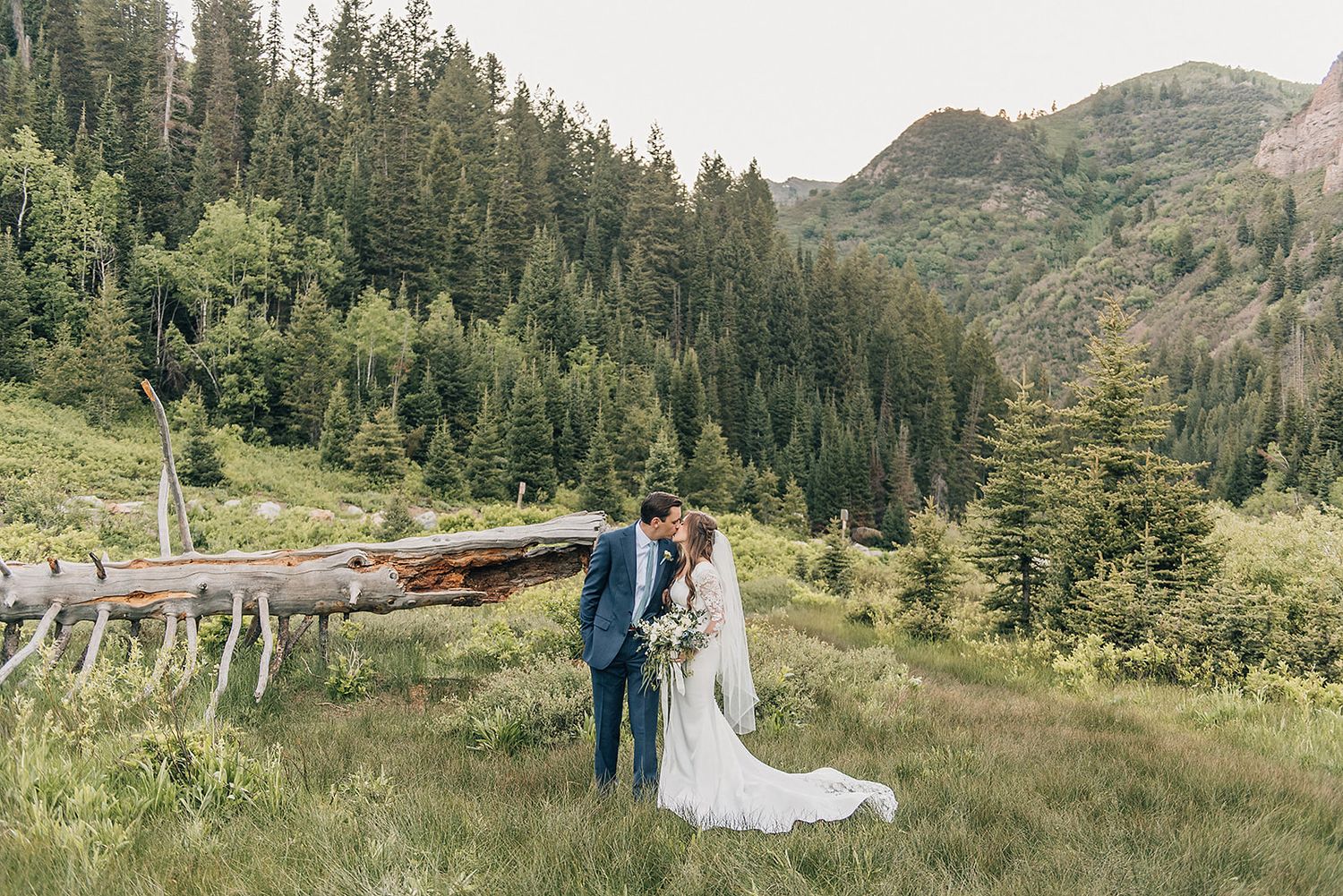 A romantic mountain wedding portrait with evergreen trees and rolling hills in the background.