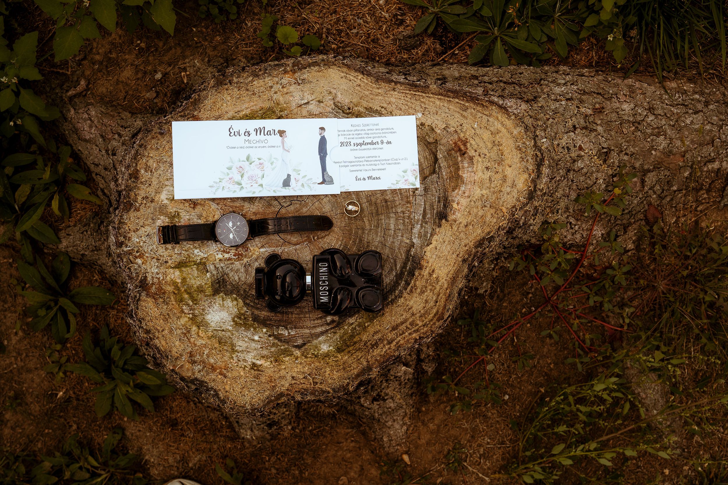 Wedding rings and jewelry artfully arranged on a rustic wooden log surface.