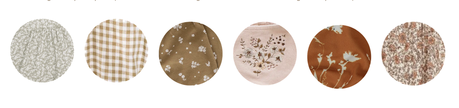 Collection of circular fabric and pattern swatches in neutral tones arranged in a row.