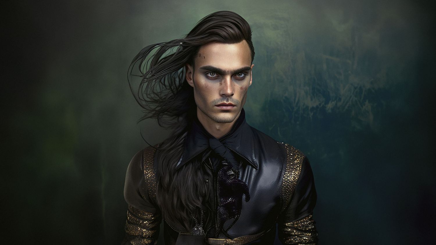 Gothic-inspired portrait featuring long dark hair and vintage leather costume.