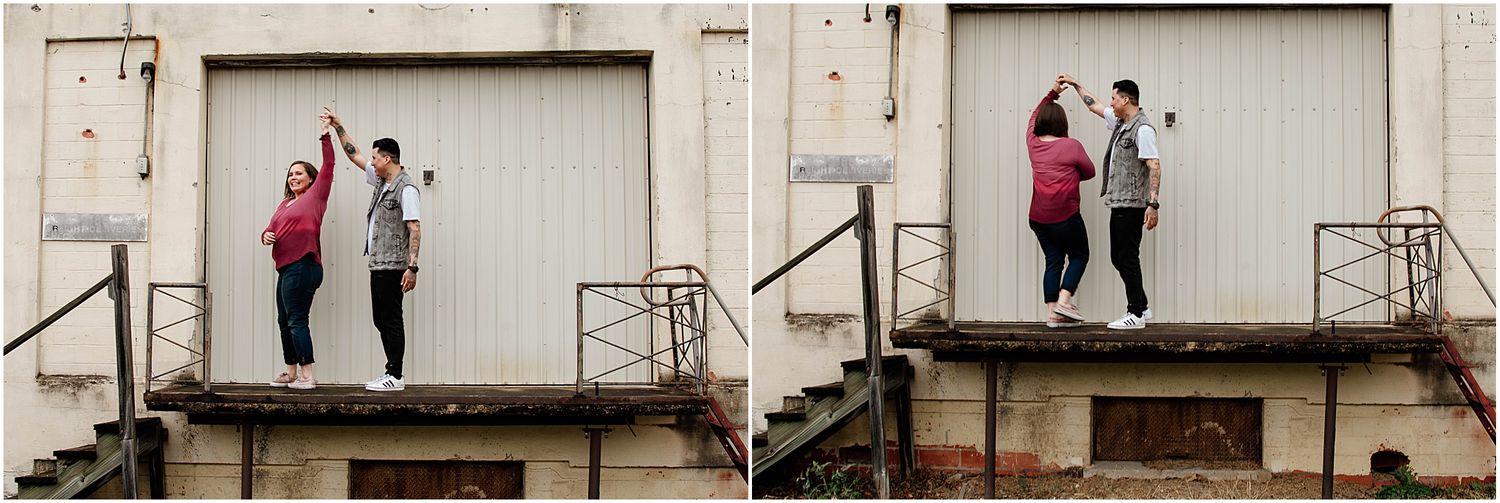Series of two photos showing couple standing on industrial loading dock.