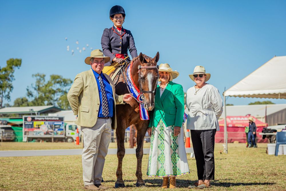 Equestrian presentation with rider mounted on decorated horse surrounded by attendees.