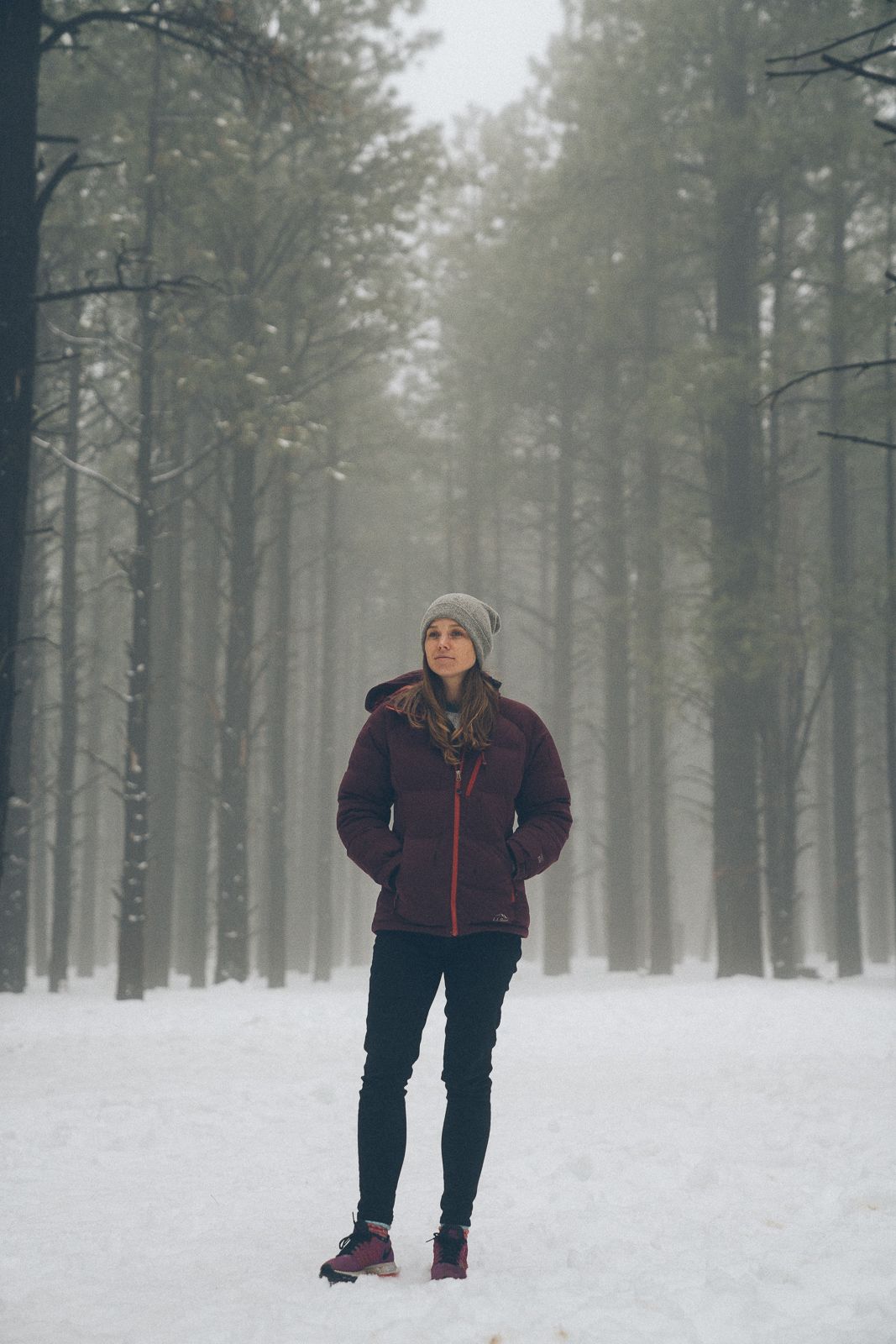 A person in winter clothing stands in a snowy forest on a foggy day.