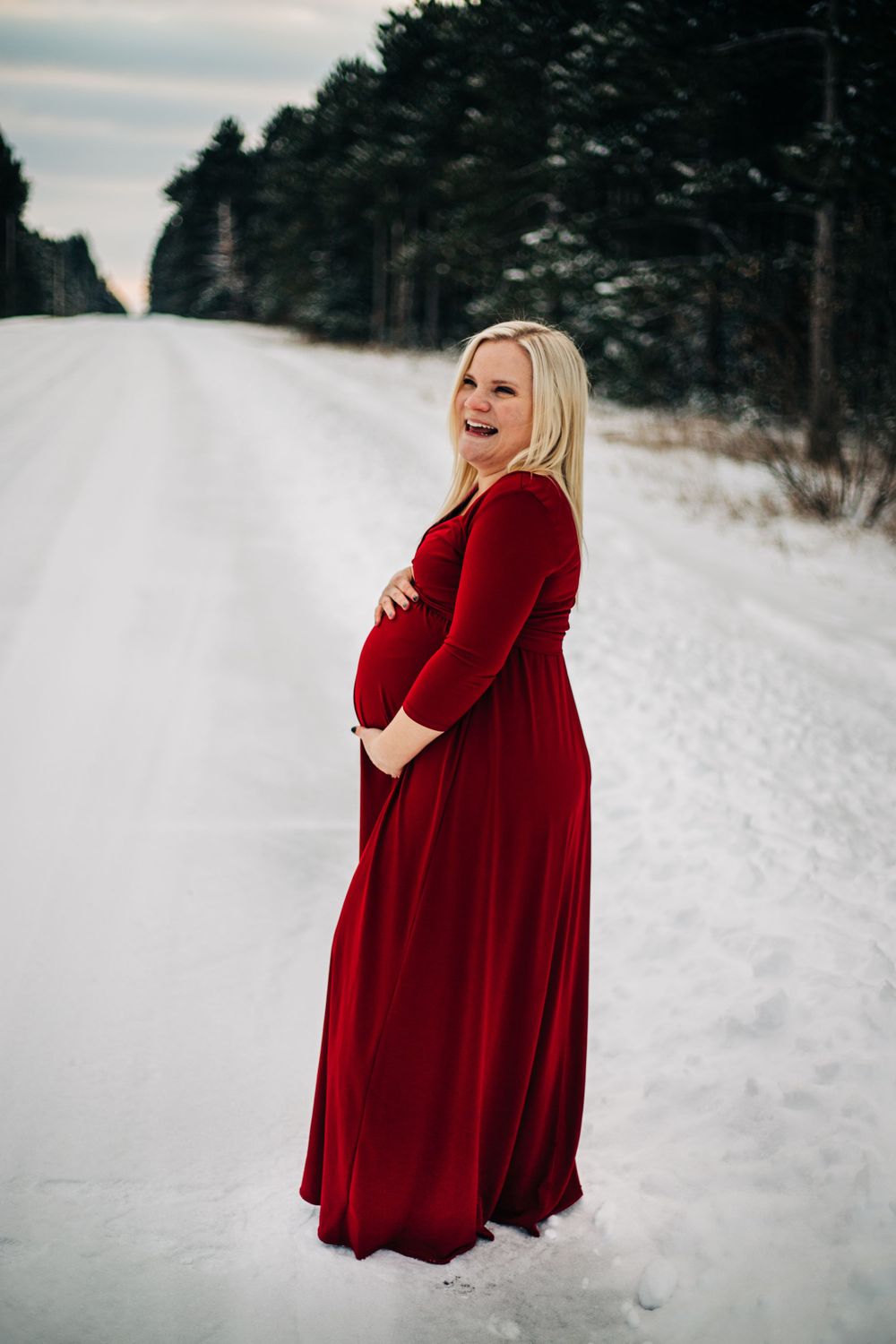 woman in red dress in winter