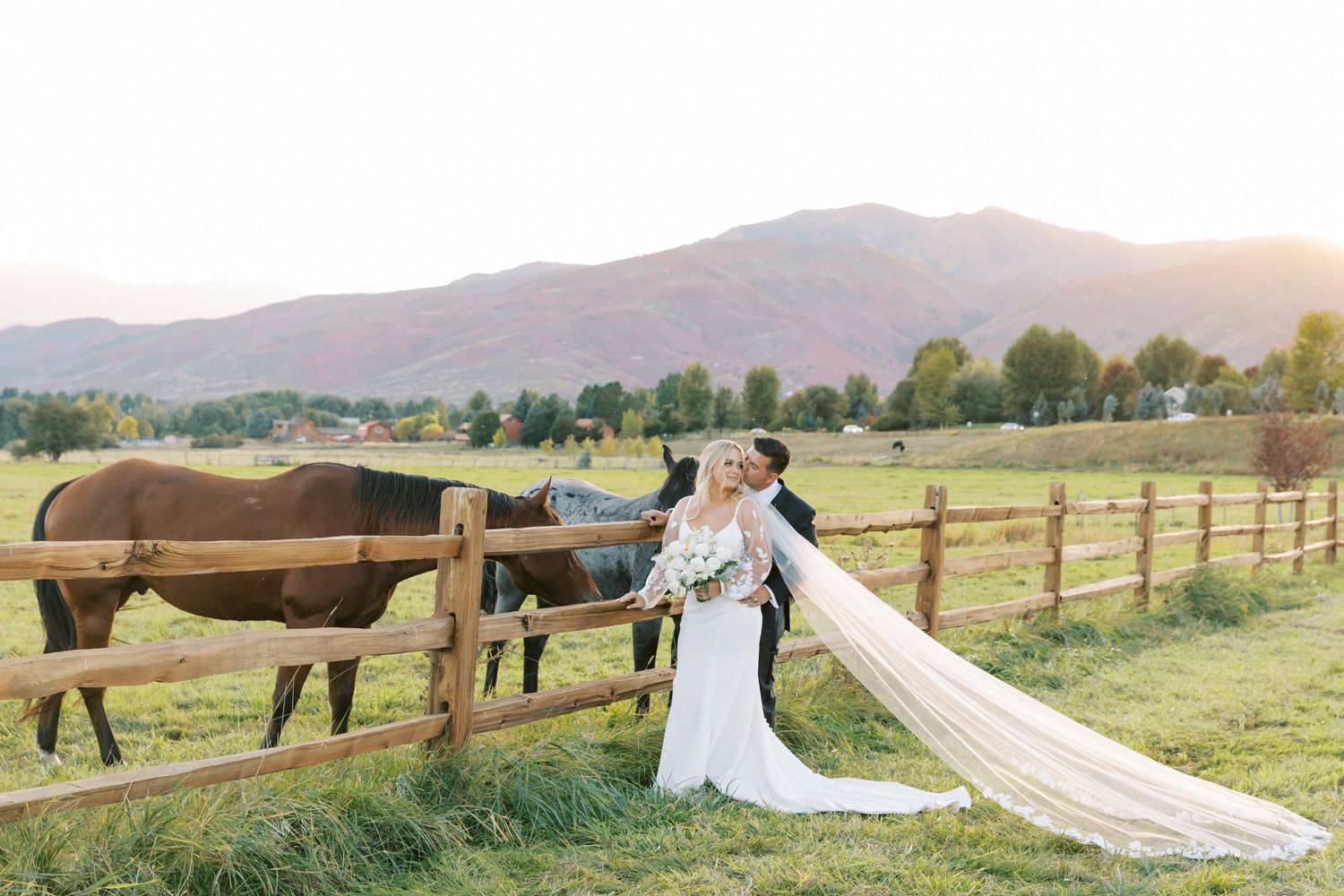 bride and groom pose with horses at sunset at river bottoms ranch