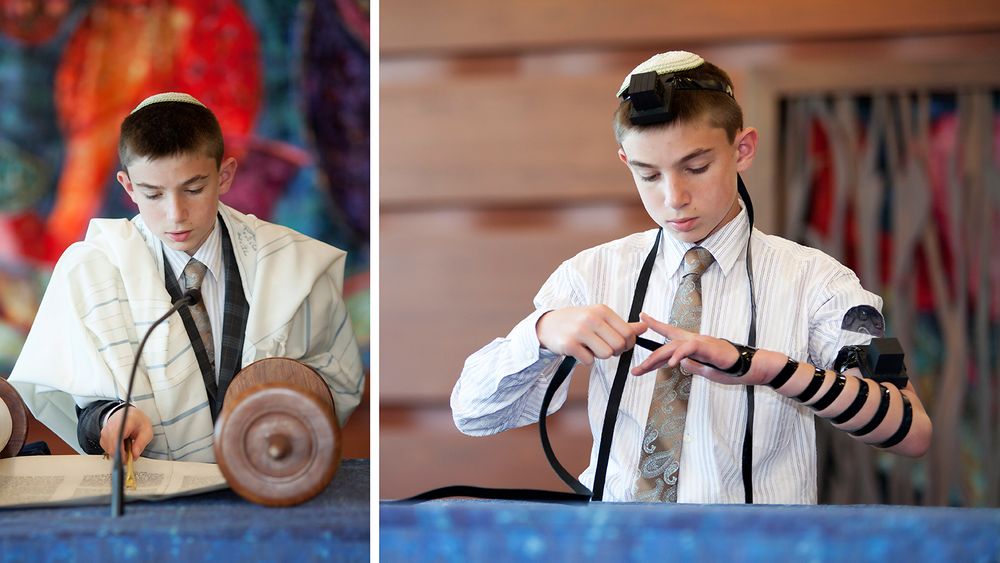 Side-by-side images showing traditional Jewish bar mitzvah Torah reading preparation.