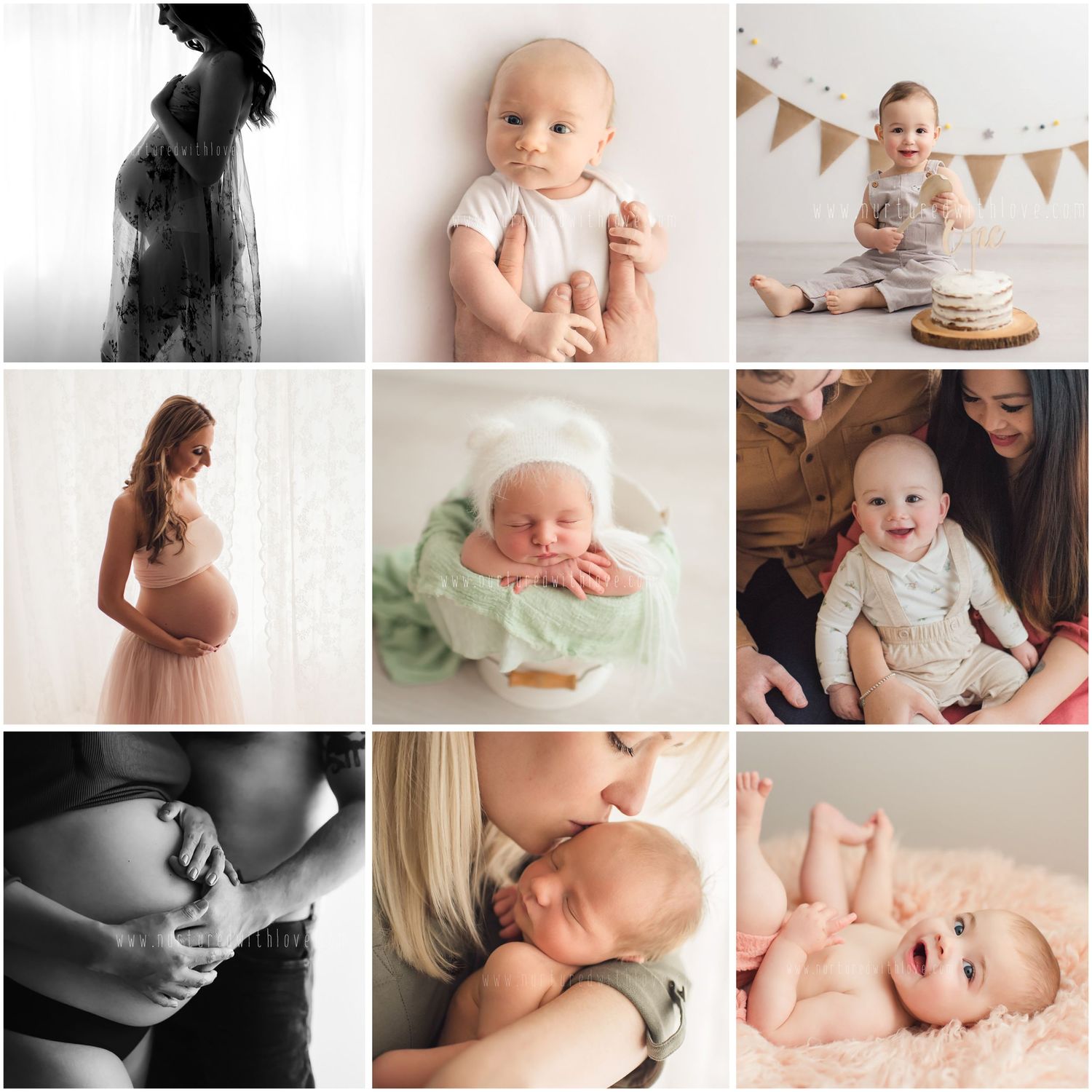 A collection of maternity and baby milestone photos showing pregnancy progression and infant development stages.