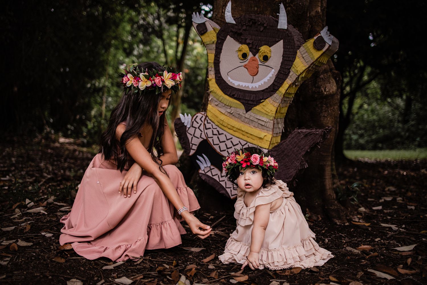 Enchanted forest scene with whimsical decorations and fairy tale styling.