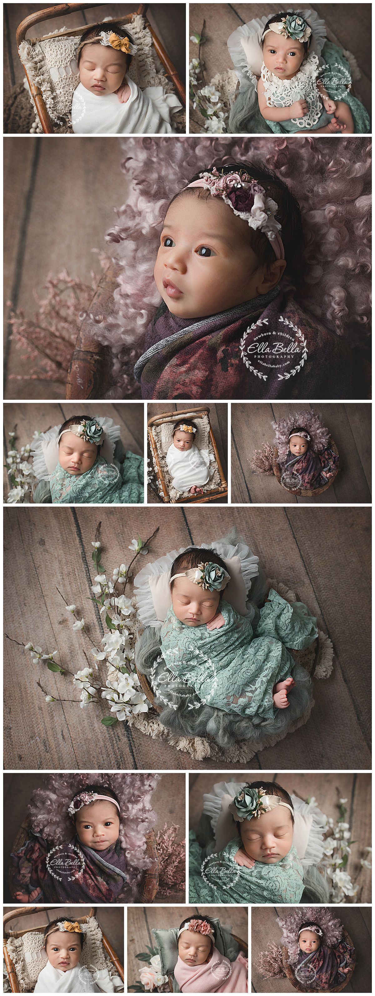 Professional newborn photography session featuring baby in delicate lace outfits and floral accessories.
