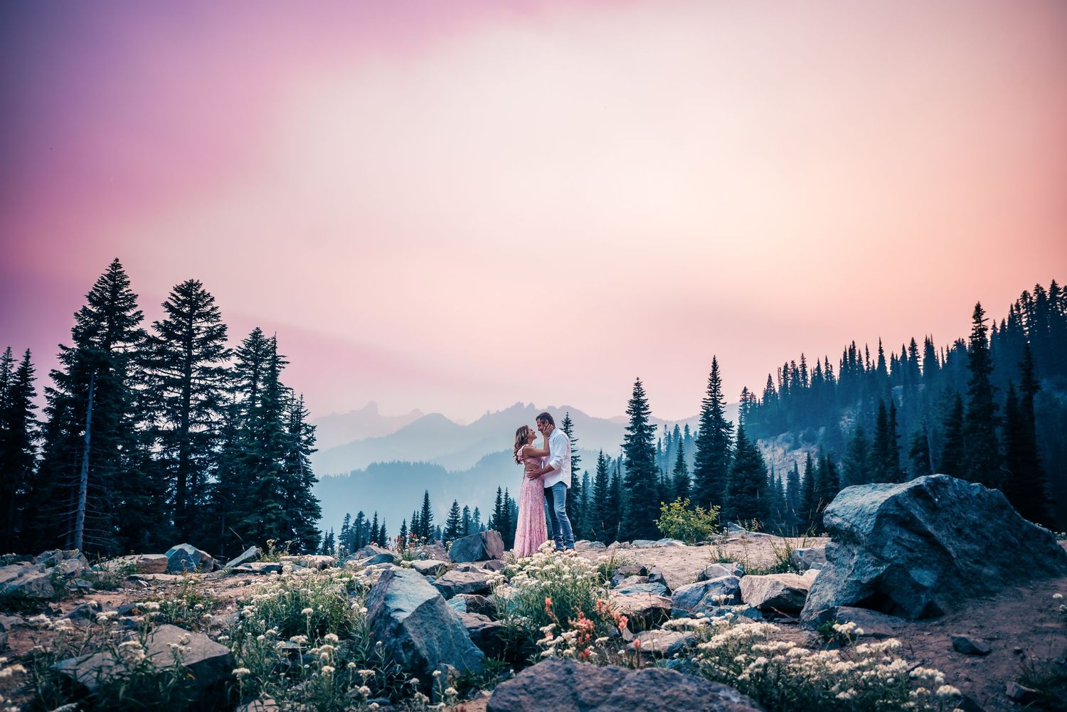 Image of a couple in Tipsoo Lake at Mt. Ranier National Park.