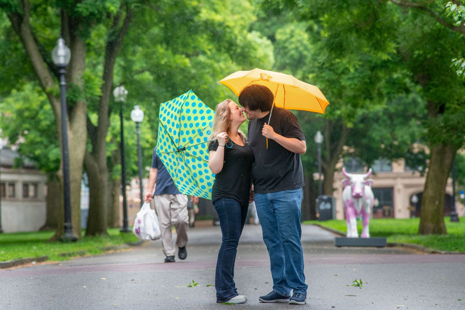 Two people with umbrellas share a tender moment while strolling along a tree-lined path in a park on a rainy day.