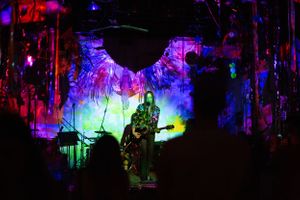 Tropical-themed concert stage with vibrant neon lighting and palm frond decorations.