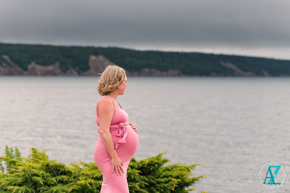 A figure in a pink dress stands against a backdrop of coastal cliffs and water on an overcast day.