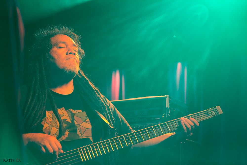 Musician with dreadlocks plays bass guitar under green stage lighting at a live concert.