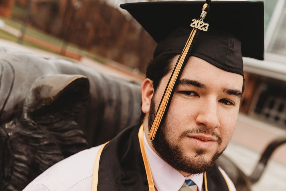 Graduation photos showing graduate in cap and gown with tassel and diploma.