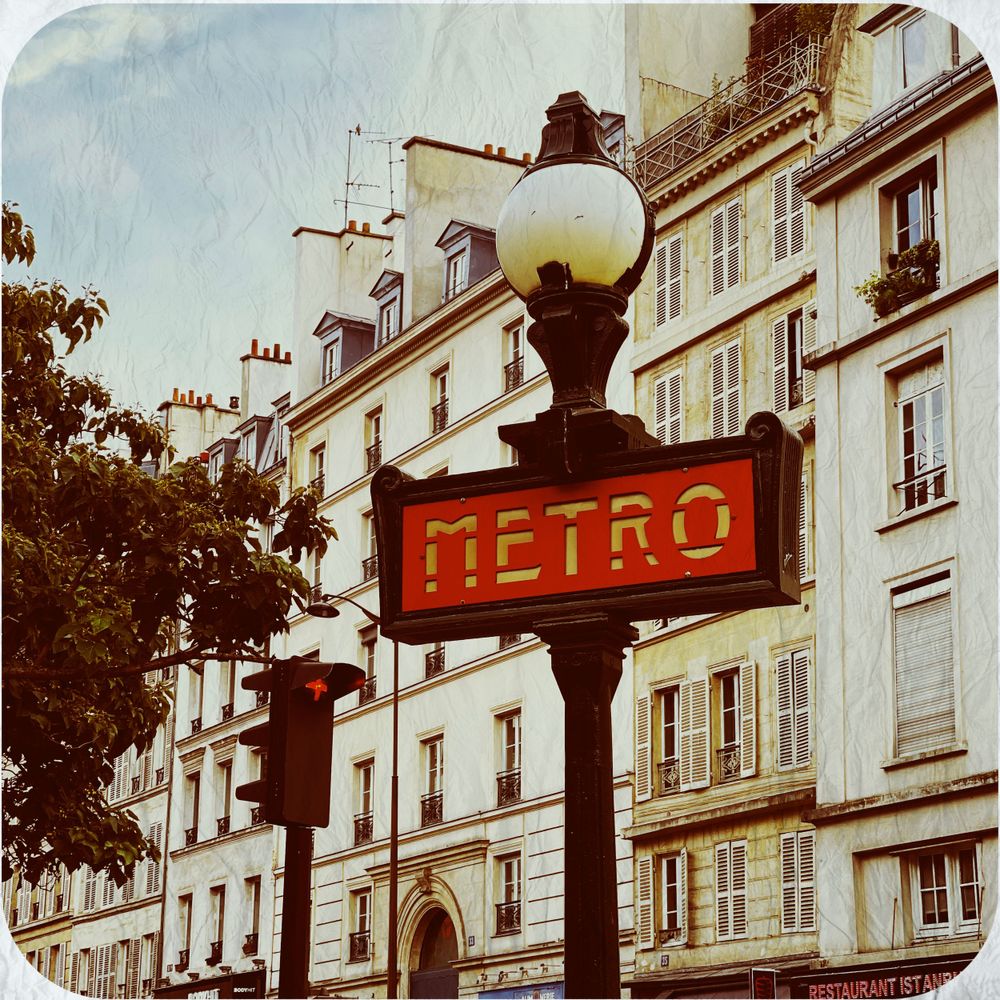 Le Metro, Paris, France - Train stop, sign, white building, red, stop light,