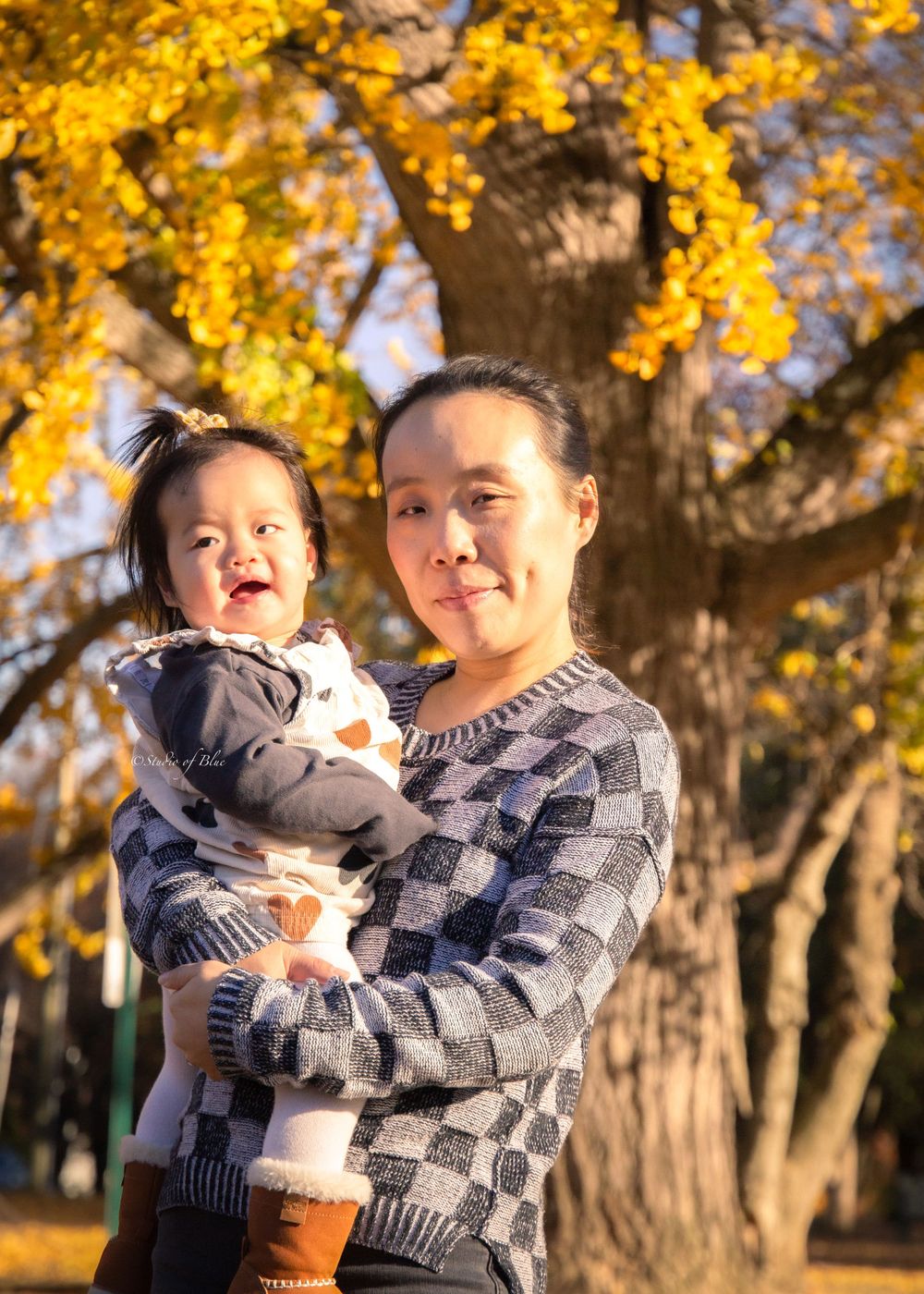 A joyful autumn portrait under vibrant yellow foliage wearing matching sweaters.