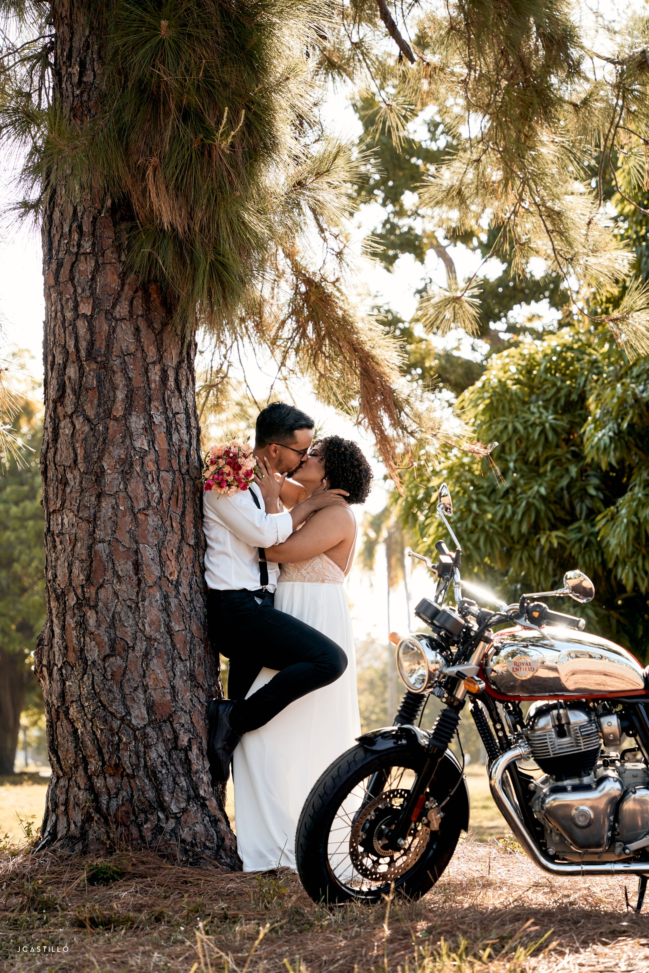 Romantic wedding portrait with vintage motorcycle and large pine tree in outdoor setting.