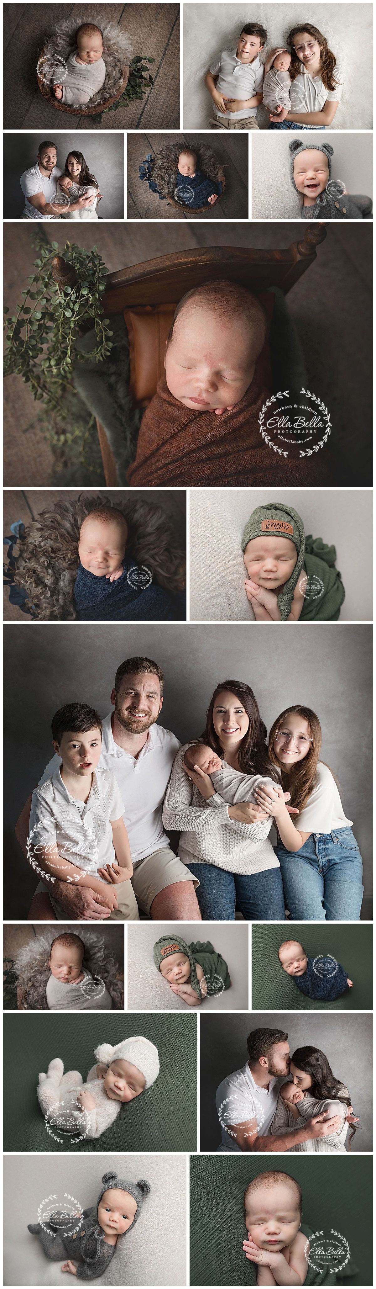 Professional photography collage showing newborn and family portraits in neutral tones with rustic elements.