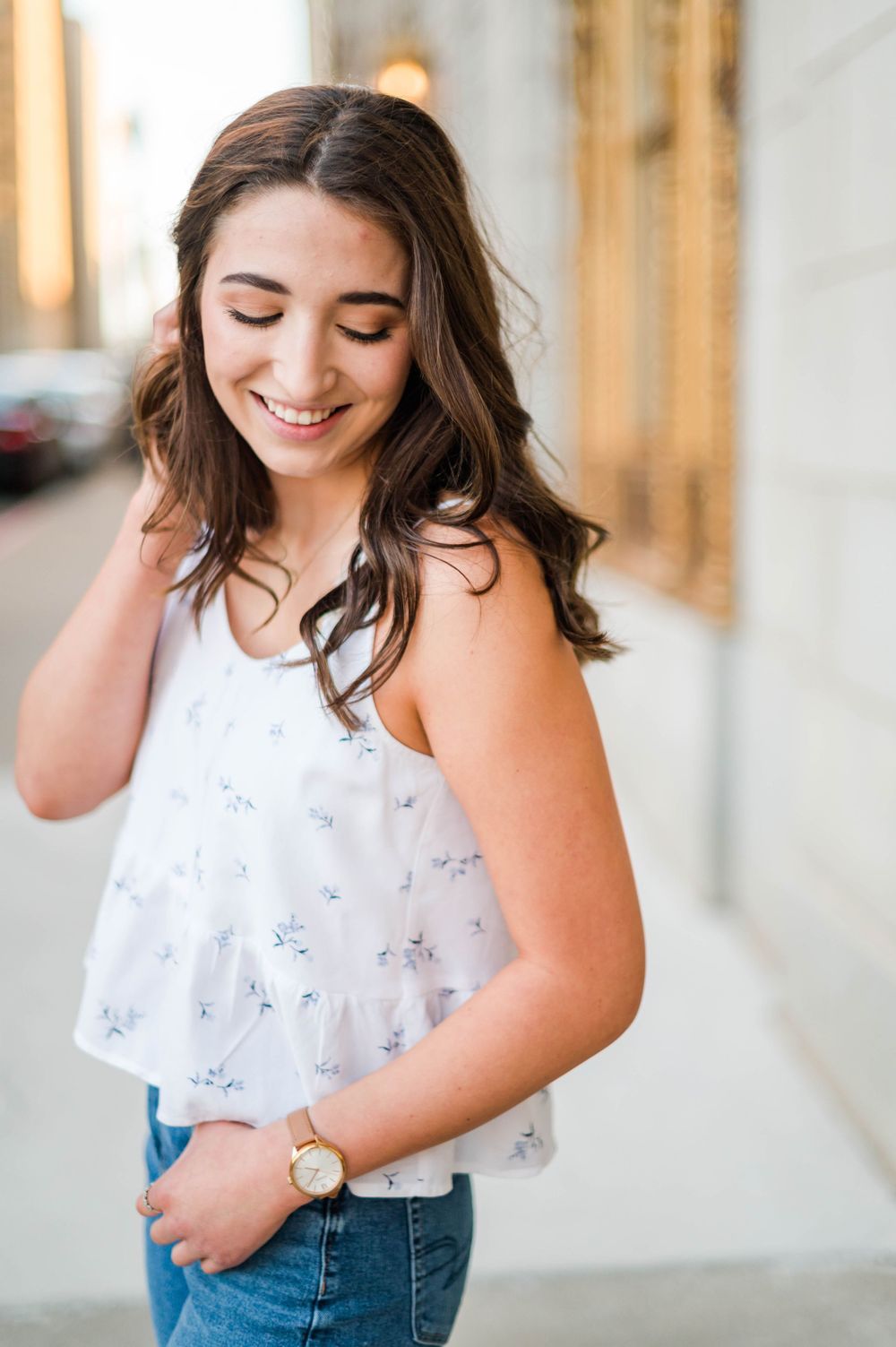High school senior girl spring time senior session in downtown Tulsa, OK.