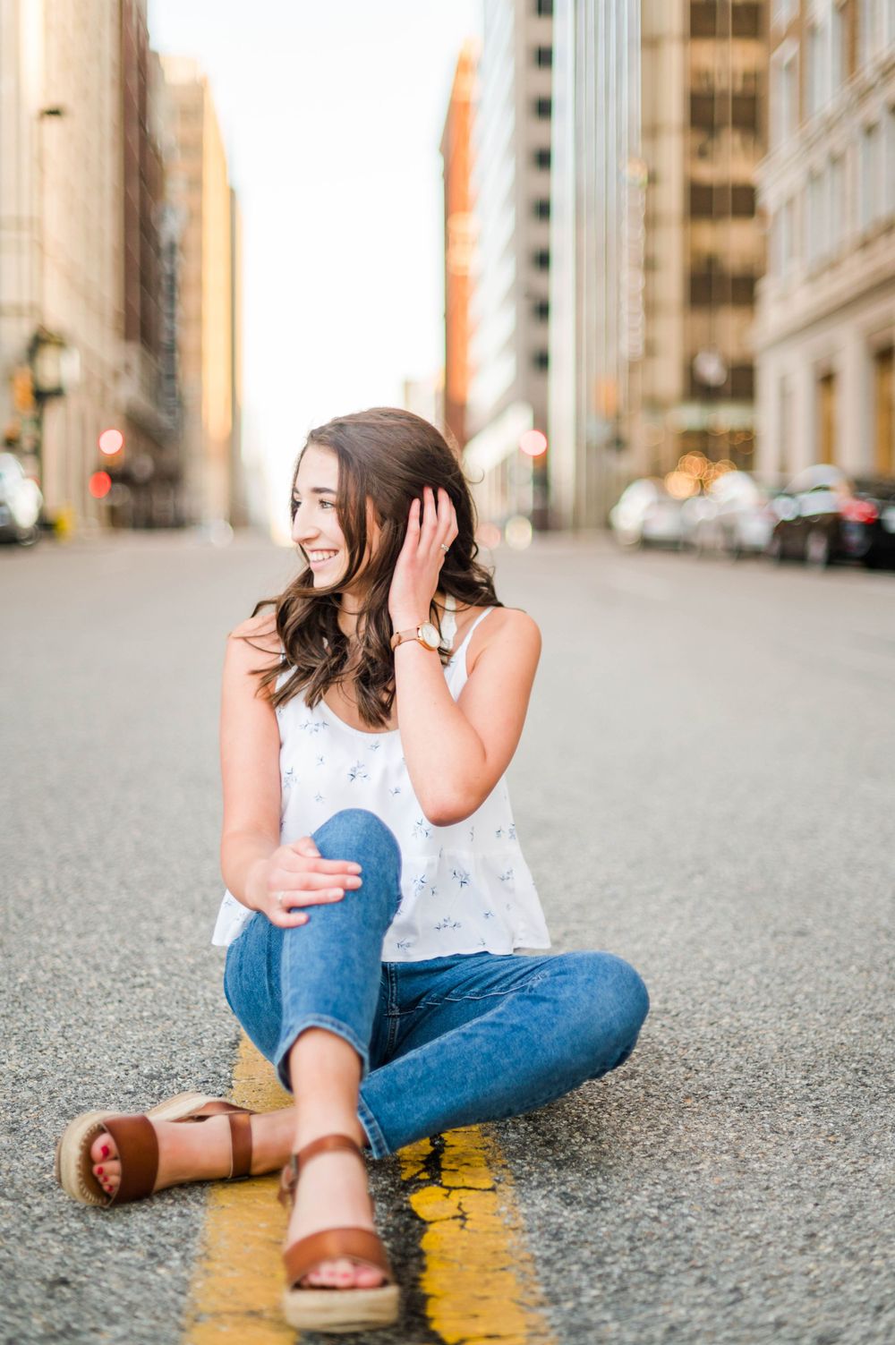 High school senior girl spring time senior session in downtown Tulsa, OK.
