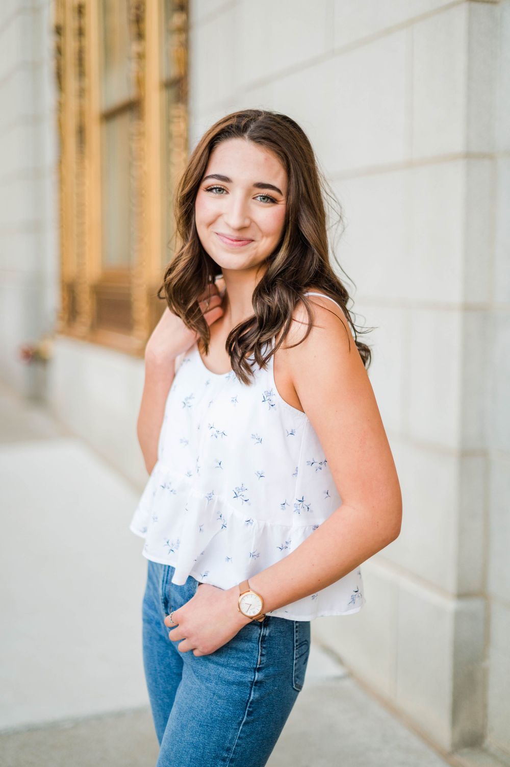 High school senior girl spring time senior session in downtown Tulsa, OK.