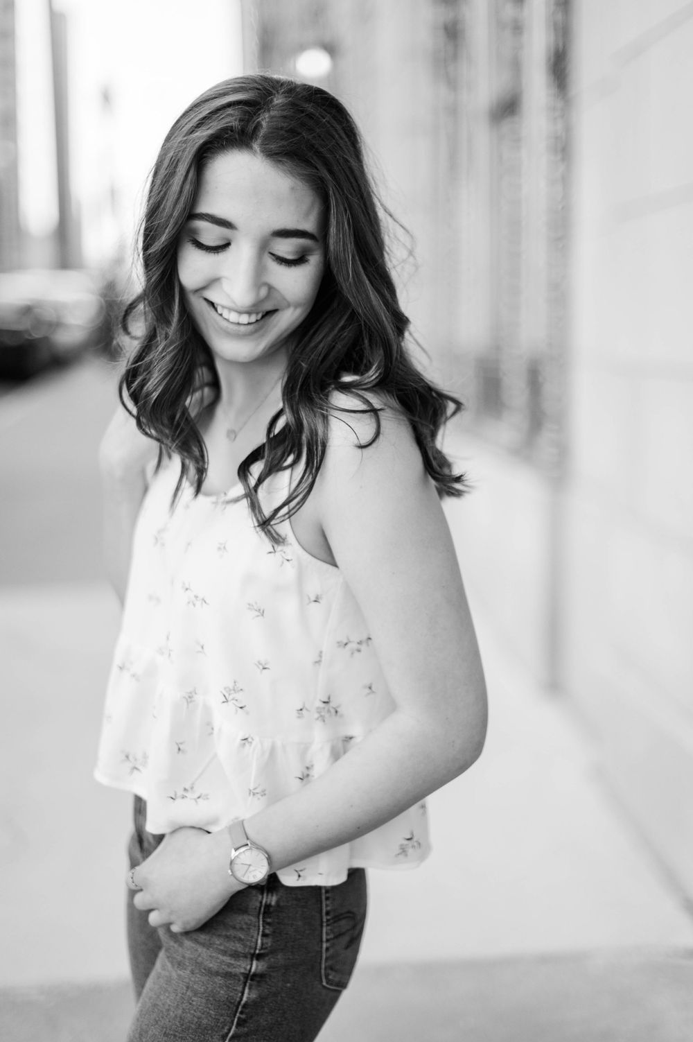High school senior girl spring time senior session in downtown Tulsa, OK.