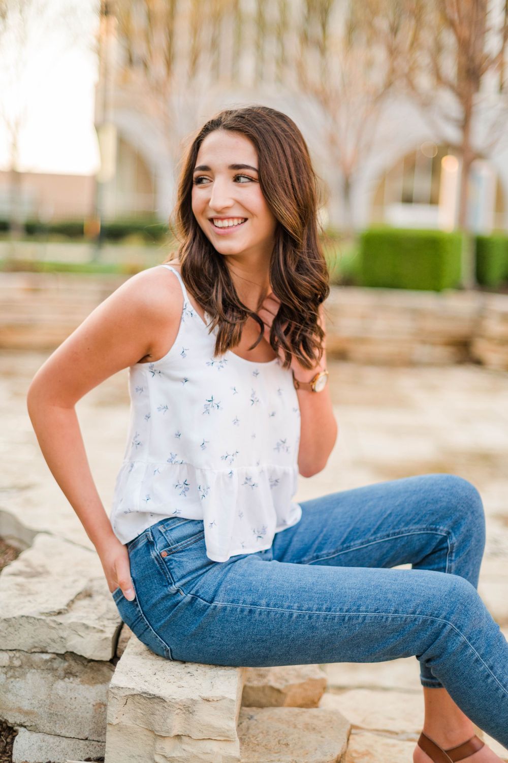 High school senior girl spring time senior session in downtown Tulsa, OK.