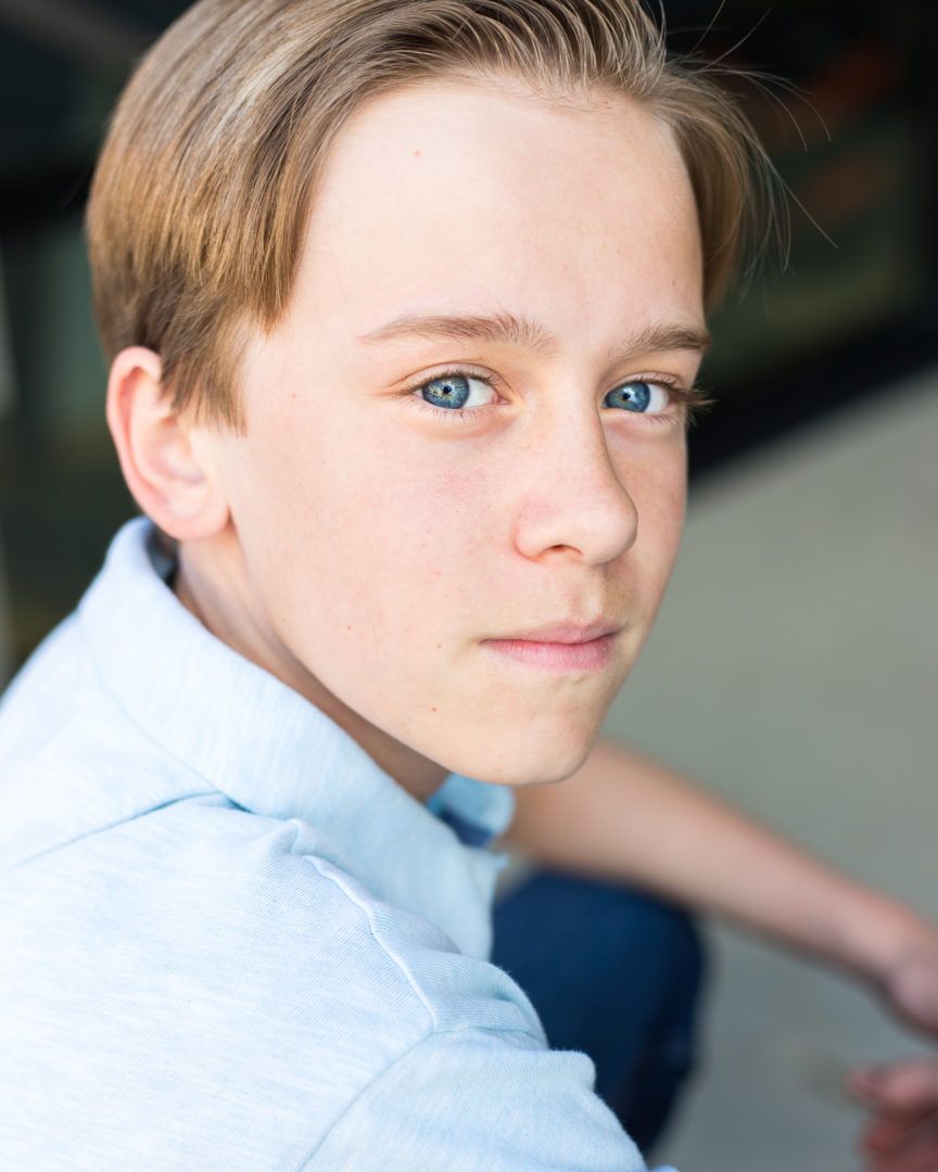 Close-up portrait series showing bright blue eyes and a white collared shirt against a blurred background.