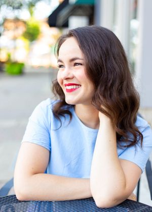 Series of casual portraits showing someone in a light blue shirt smiling against a bright outdoor setting.