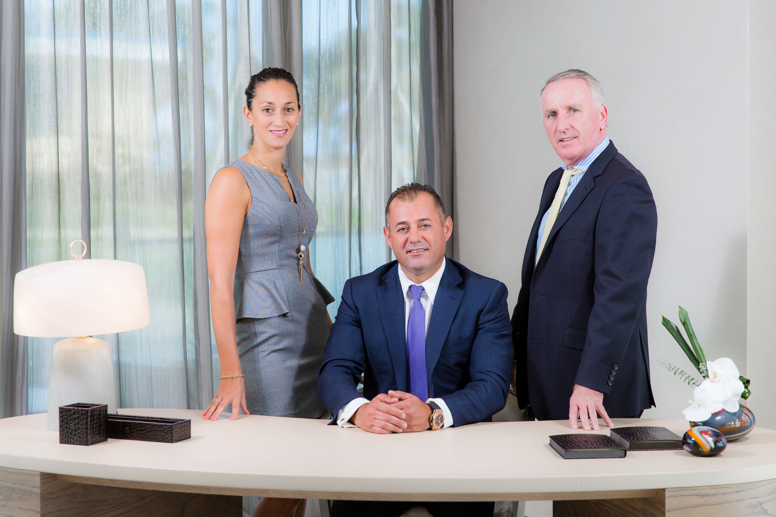 Professional group seated at a conference table in modern office setting.