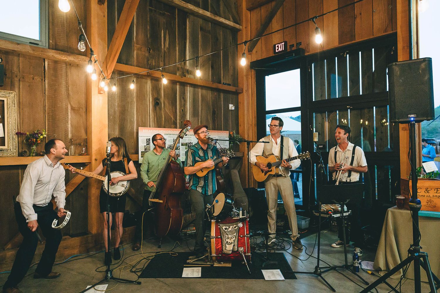 Live band playing at the wedding reception called Coffee Zombie Collective.