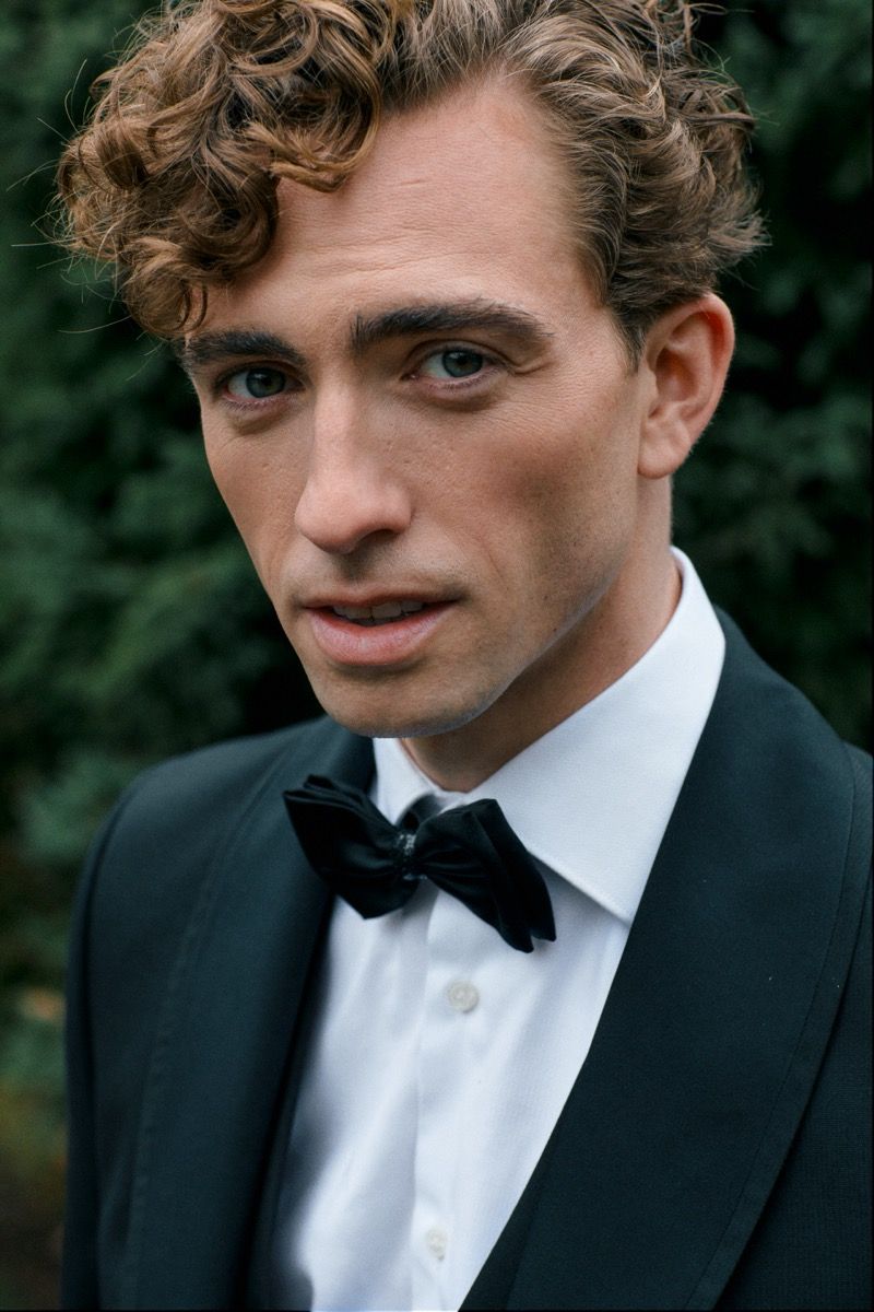Portrait of a groom wearing a classic black tuxedo and bowtie against greenery.