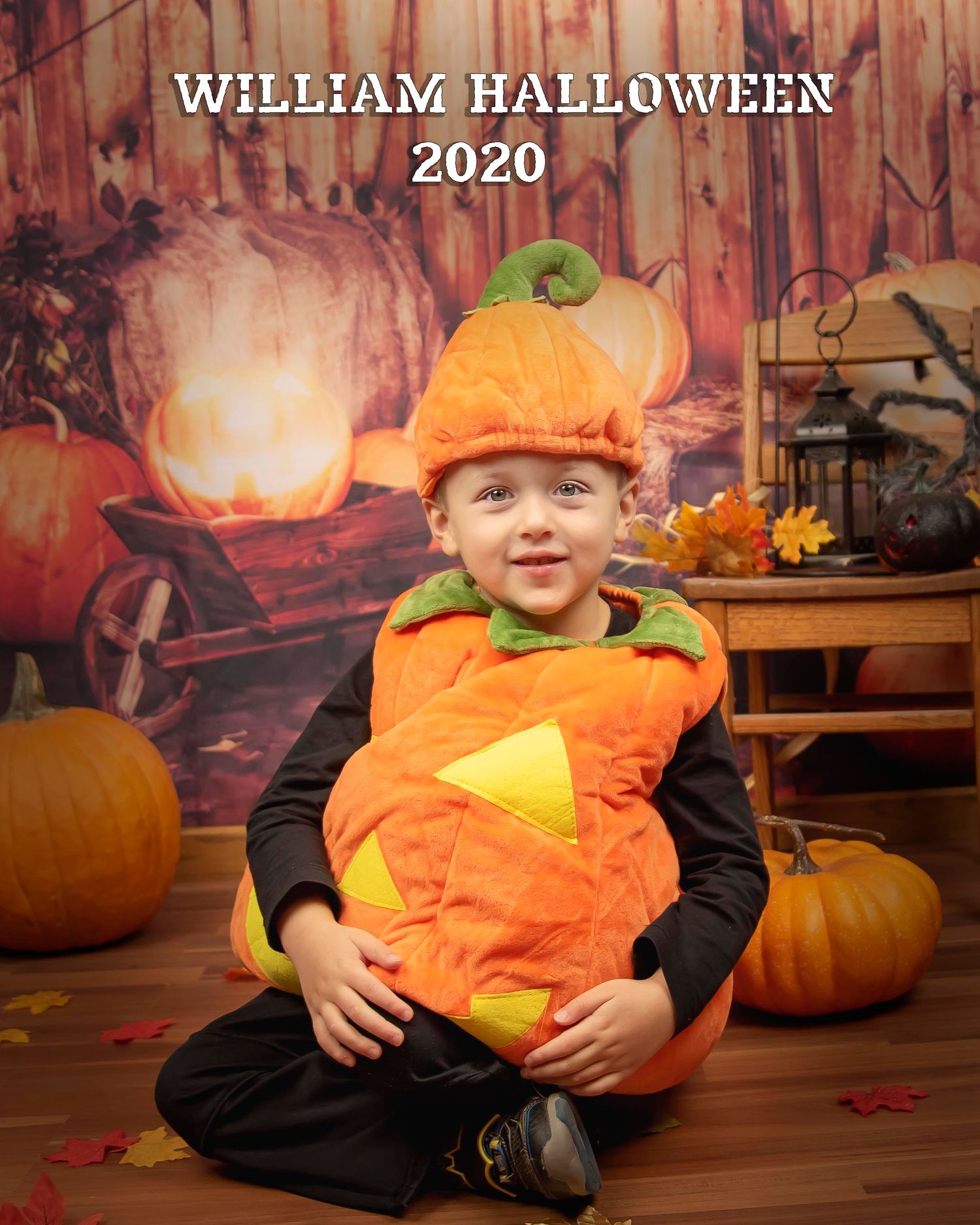 Cheerful pumpkin costume portrait against rustic autumn backdrop with glowing decorations.