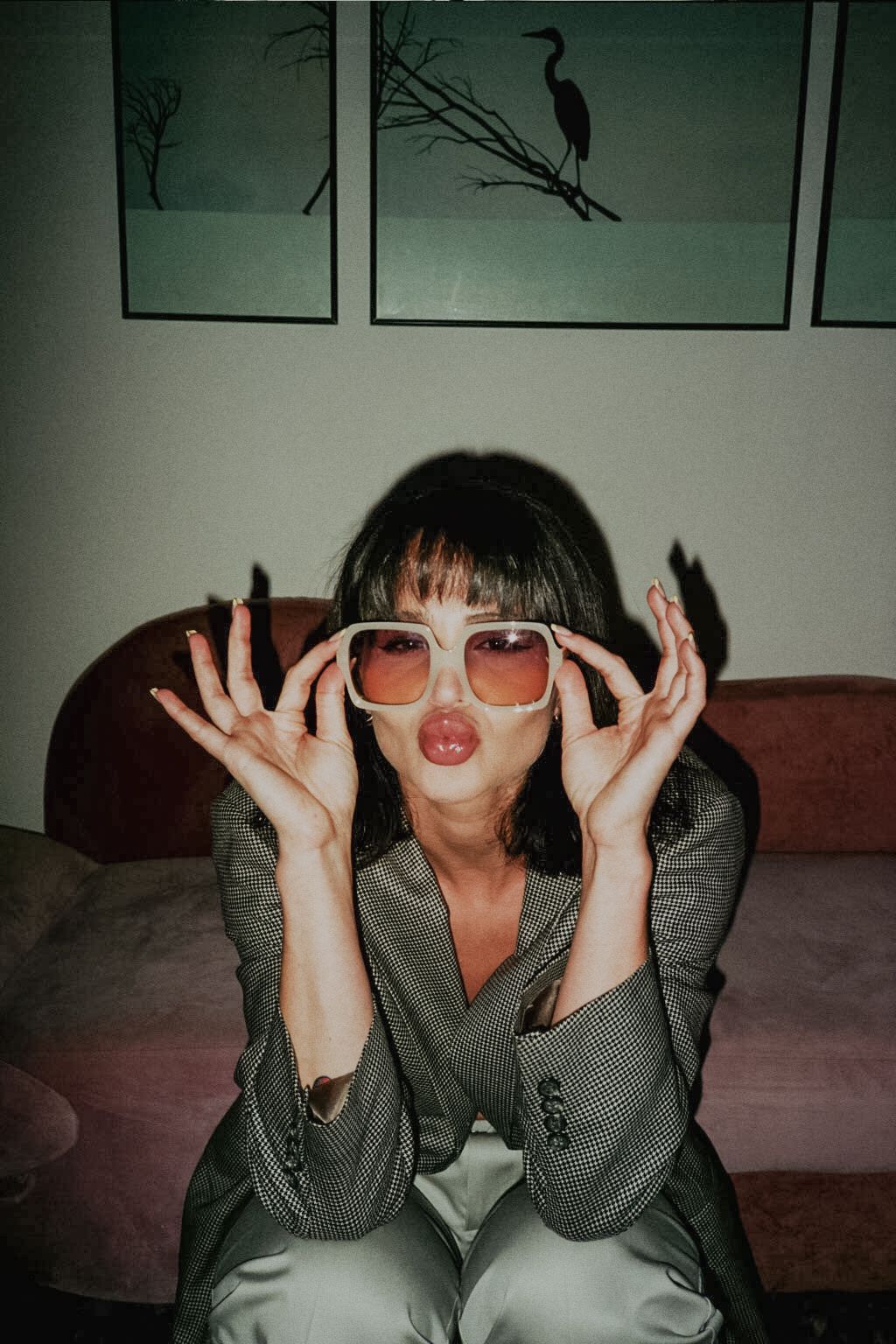 35mm film fashion portrait of woman in her home BTS shot