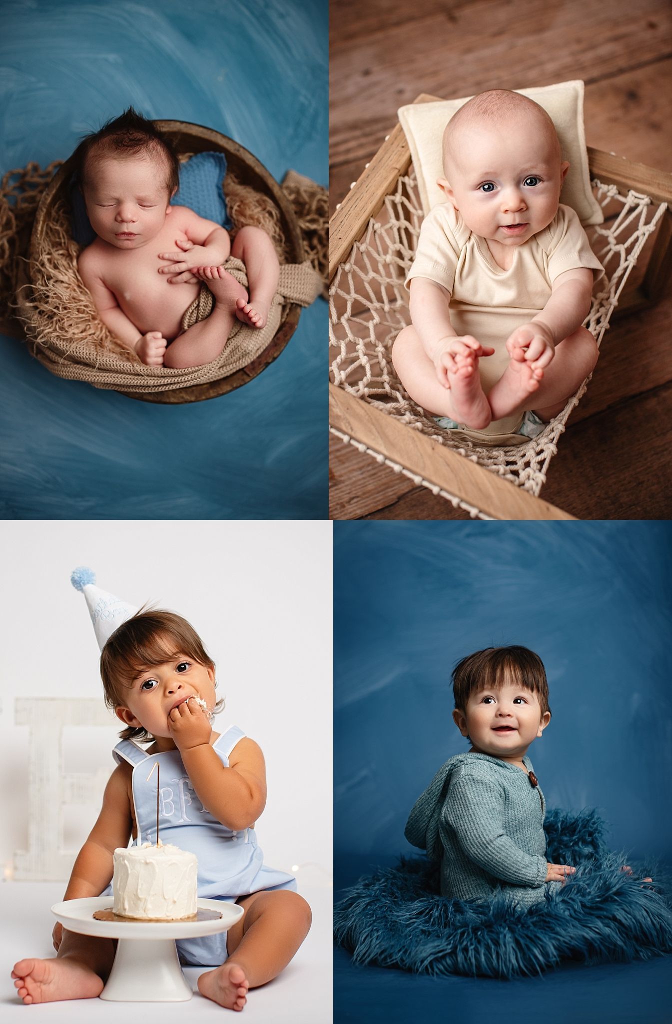 A collage of baby milestone photos showing sleeping newborn and sitting baby portraits against blue and wooden backgrounds.
