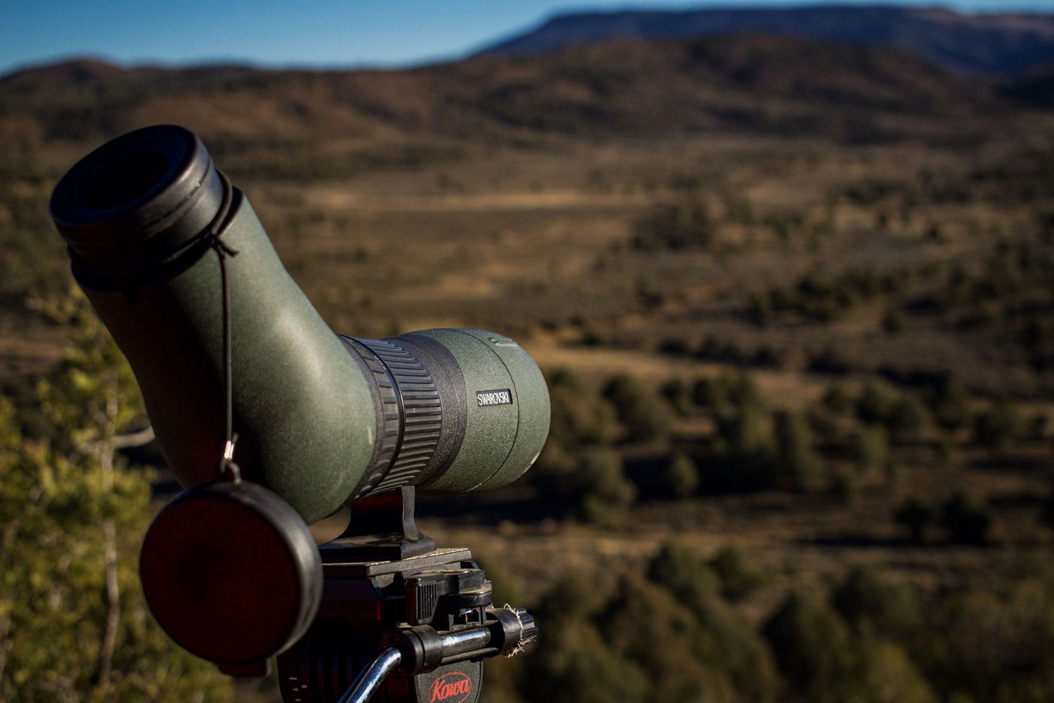 Professional spotting scope positioned against blurred mountain landscape background.