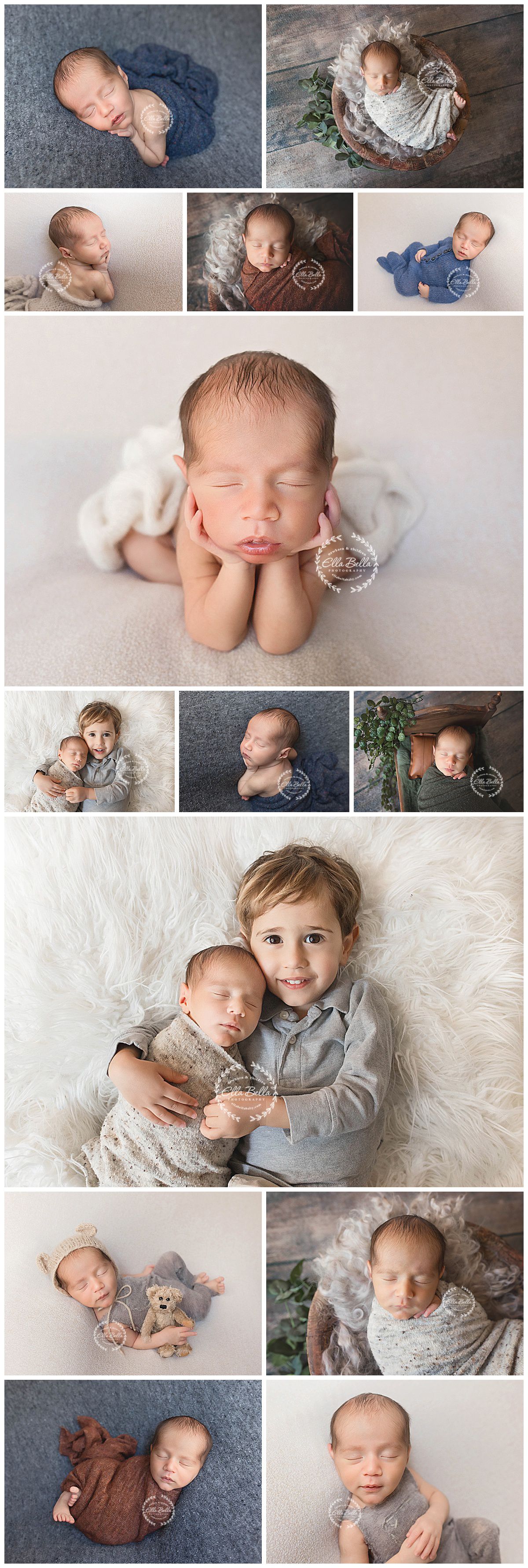 Professional newborn photography collage featuring various artistic poses with soft textiles and natural props.