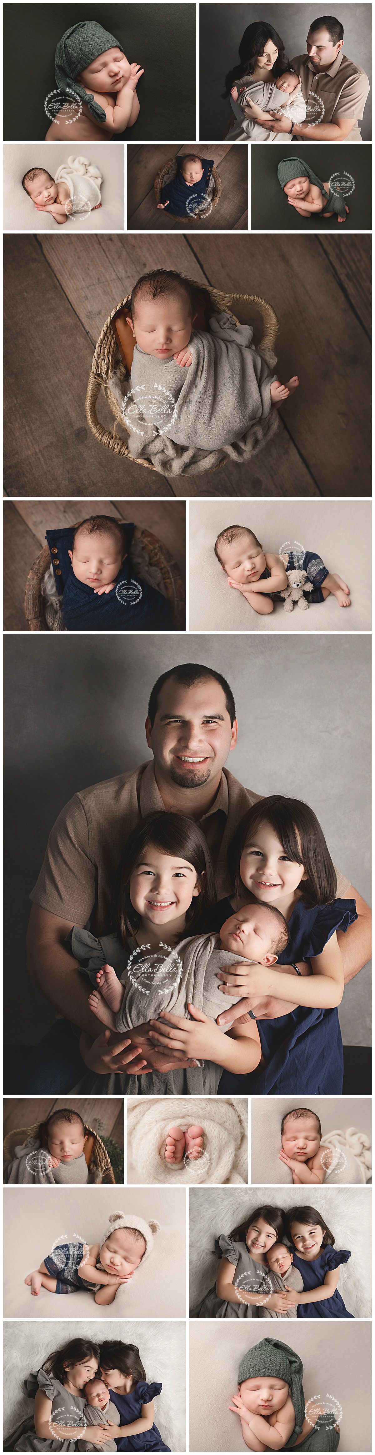 Collection of professional newborn and family portraits in neutral tones.