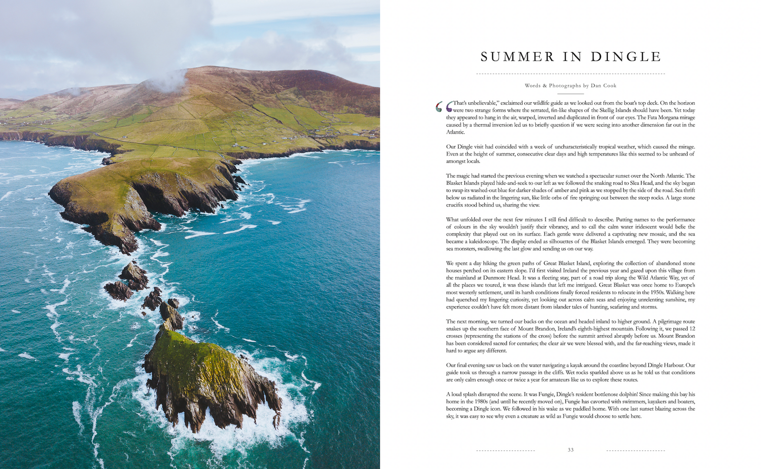 Aerial view of rugged coastal cliffs with crashing waves along the Dingle Peninsula in Ireland.