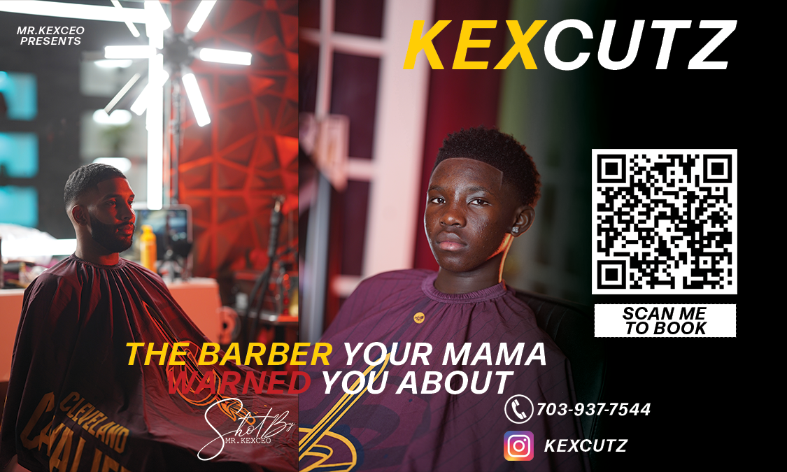 Barbershop promotional banner for Kexcutz with red lighting effects and contact information.