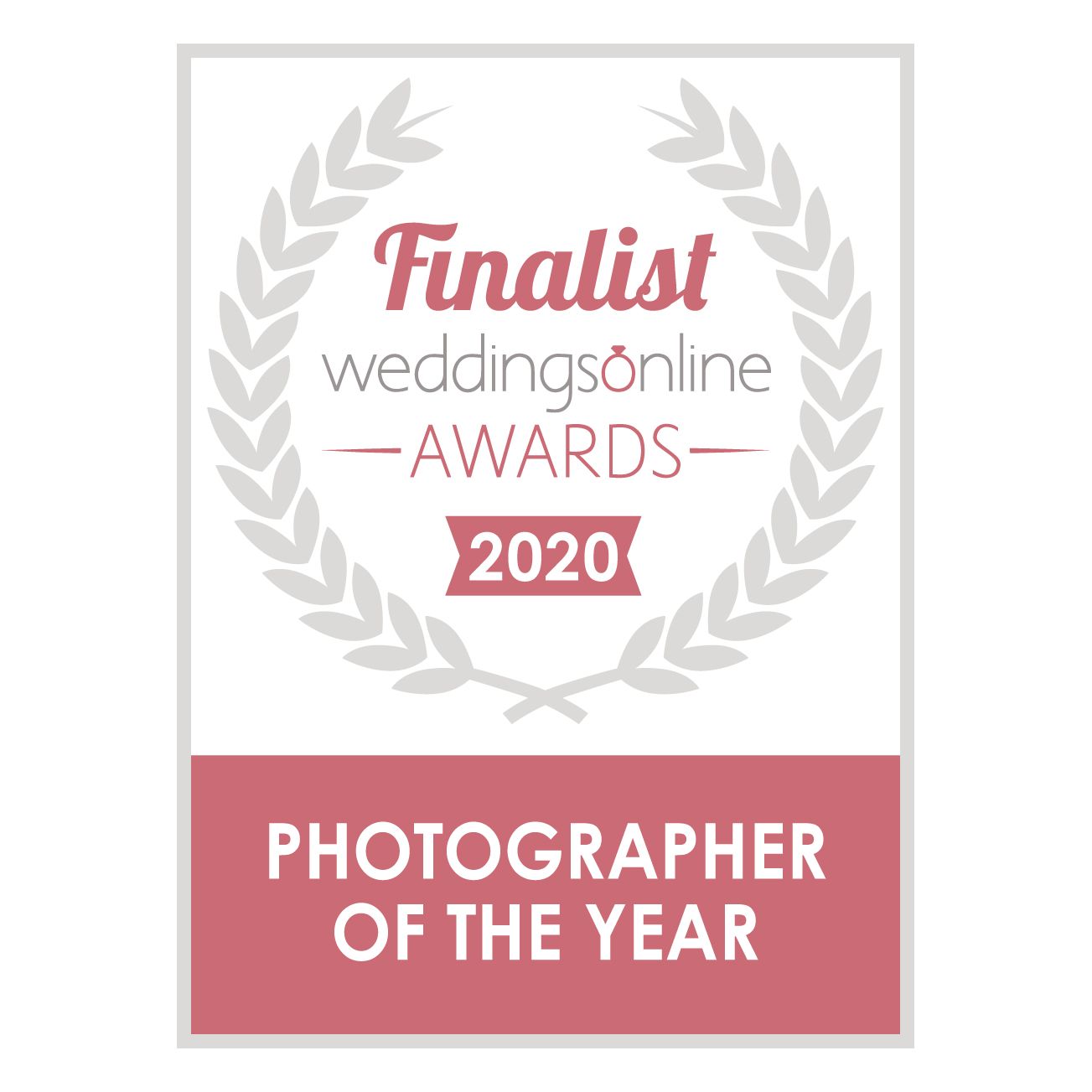 Pink and white Weddings Online Awards 2020 Photographer of the Year finalist badge with laurel wreath.