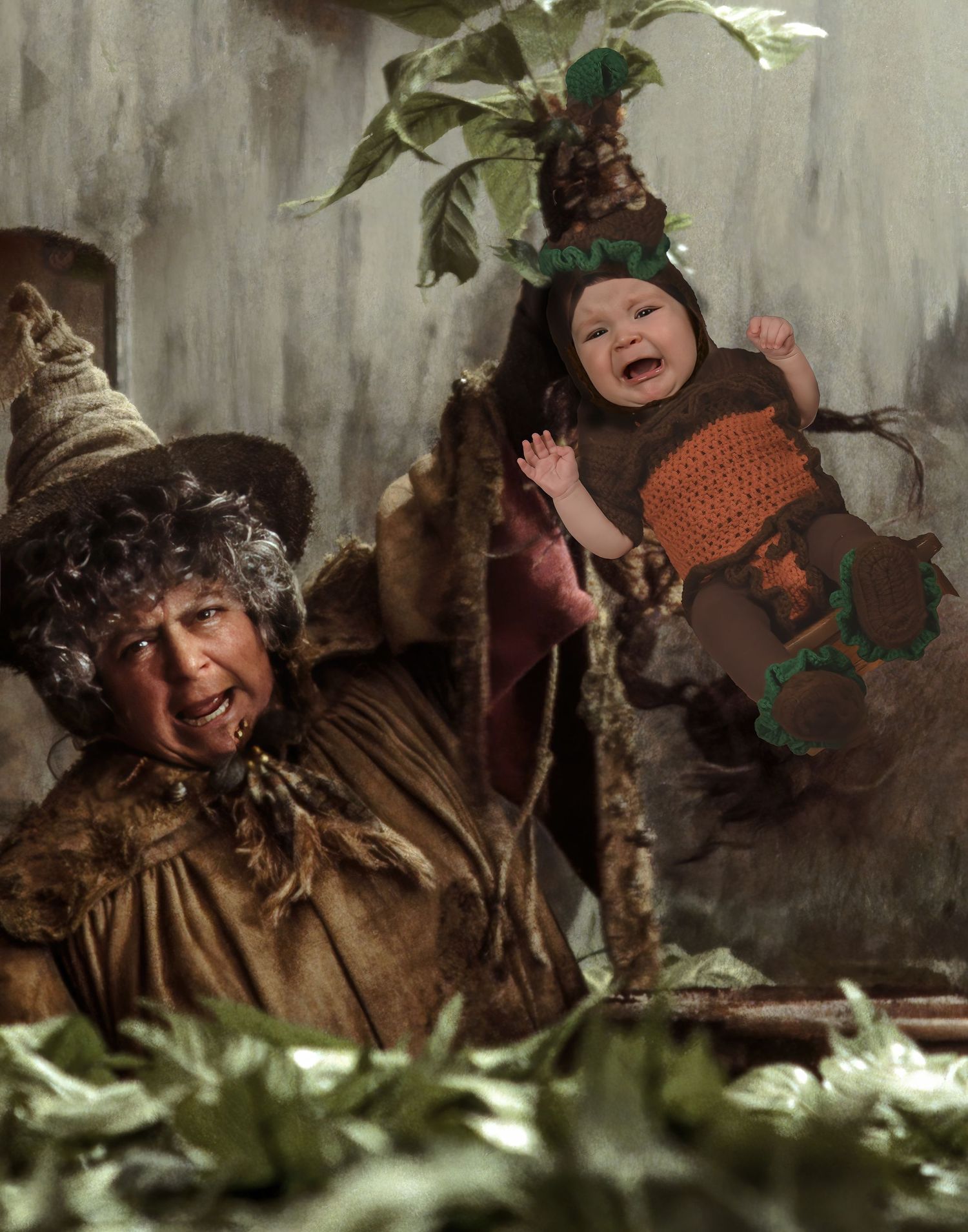A whimsical fantasy scene with a scarecrow figure and baby in rustic woodland setting.