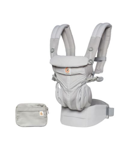 Gray ergonomic baby carrier with multiple carrying positions and storage pouch.