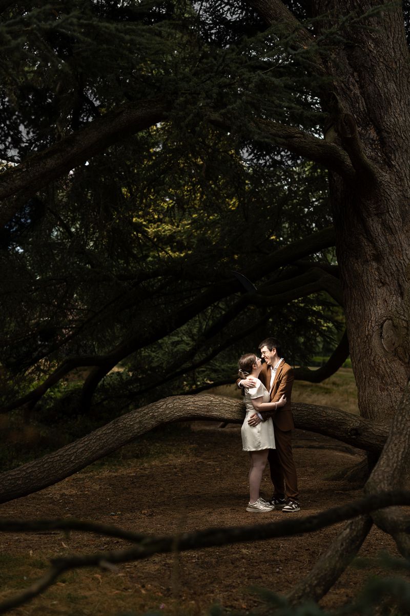 Couple embracing romantically under large twisted trees in a dark, moody forest setting.