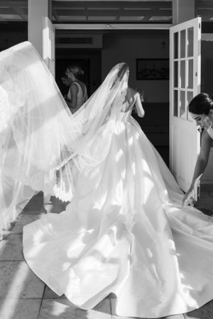 A wedding dress from the back in a wedding in Trinidad.