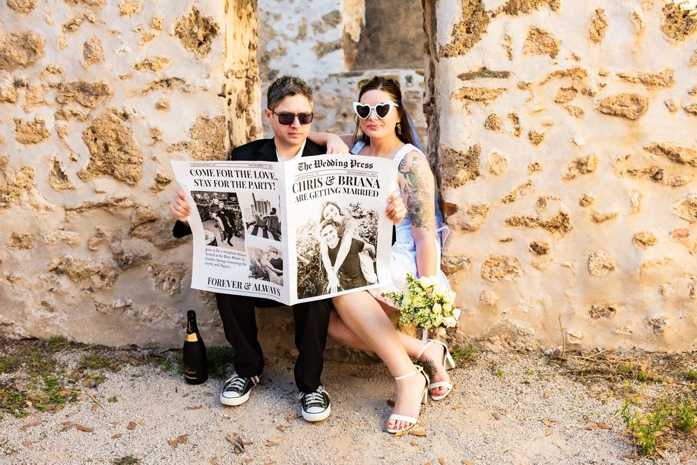 Trendy San Antonio couple at the historical Mission San Jose. Posing for engagement photos.